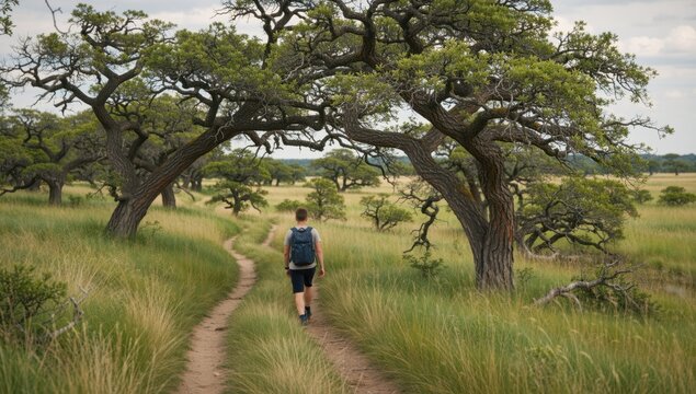 A woman is walking along a dirt path through a field of tall grass and trees on a cloudy day