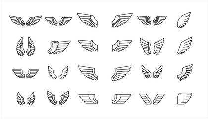 Collection of twenty-four different stylized wing illustrations in a grid pattern, showcasing various shapes and orientations.