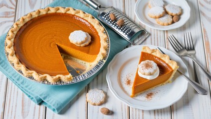 Pumpkin pie with slice missing and cookies on white wooden table, top view, flat lay