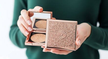 Woman holding an elegant rose gold makeup compact with intricate floral design in soft natural lighting