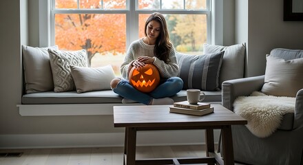 Woman holding a glowing jacko'lantern sitting by a window in a cozy autumn setting at home