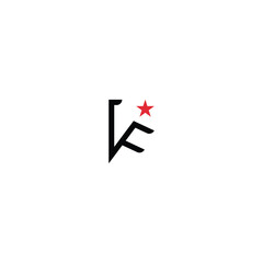 Modern and sharp minimalist monogram logo design combining the letters K and F (KF initials) in black, accented with a small red five-pointed star