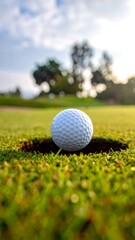A golf ball sits at the edge of the hole on a putting green, trees in the sunlit background