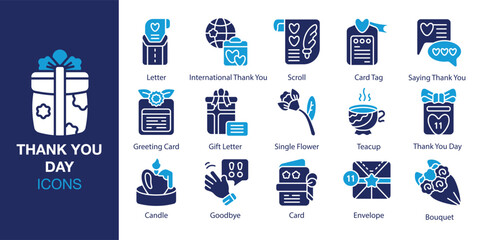 Thank You Day Icon set. Containing thanks, recognition, kindness, generosity, respect and more. Solid vector icons collection. Vector illustration.