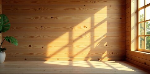 Sunlit empty wooden room, plank wall shadow Bright, rustic background , photography background, image