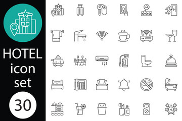 Hotel Management icon set. Essential icons depicting various hotel services. bed, key, room service, restaurant, pool and more icons. Hotel service icons set isolated on white background. illustration