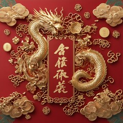 Golden dragon symbolizing prosperity traditional chinese festival decorative art vibrant red background close-up cultural significance