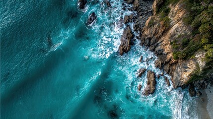 Aerial View of Rocky Coastline with Turquoise Ocean Waves Crashing on Shore