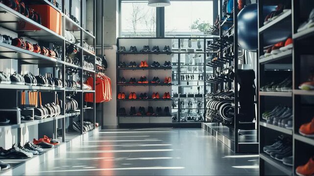Modern sports shoe store with bright lighting and organized displays of athletic footwear and apparel