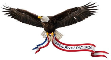 Majestic bald eagle soaring with american flag ribbon president s day