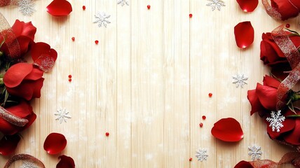 Red Rose and Snowflake on Wooden Background, Romantic Design Element (Suitable for Valentine's Day Design, Decorative Scenarios, Greeting Card Materials, etc.)