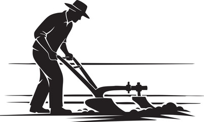 Dynamic monochrome graphic showcasing a solitary farm laborer expertly guiding a traditional hand plow across the landscape, representing the enduring spirit of cultivation, rural industry, and the fu