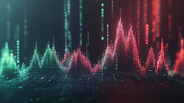 A stylized 3D chart rises from a dark background, its peaks glowing red and green, symbolizing volatility and opportunity. The surrounding space remains empty and elegant, inviting text overlay or bra