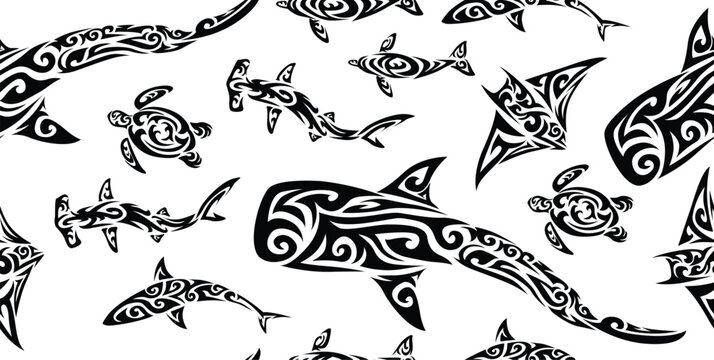 Maori Polynesian indigenous Seamless Banner Vector Sea Creatures