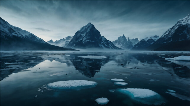 Majestic snow-covered mountains reflected in frozen lake under cloudy sky - Powered by Adobe