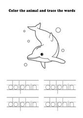 Learning Worksheet Dolphin Back Swimming Coloring Tracing Aquatic Animal