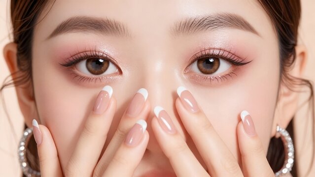 アジア人女性 ピンクメイクとフレンチネイル