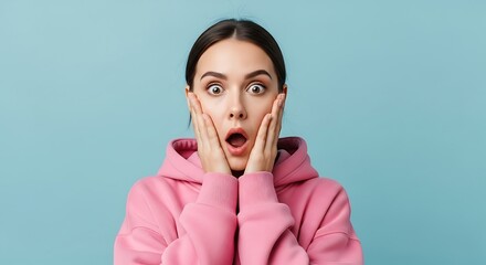 Surprised young woman in pink hoodie with hands on face against a light blue studio backdrop