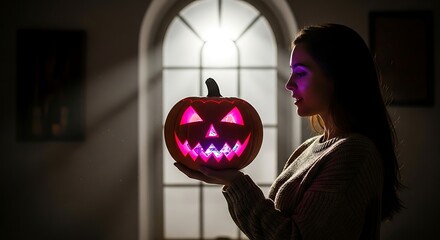 Woman holding a glowing jacko'lantern in a dimly lit room getting ready for halloween celebration