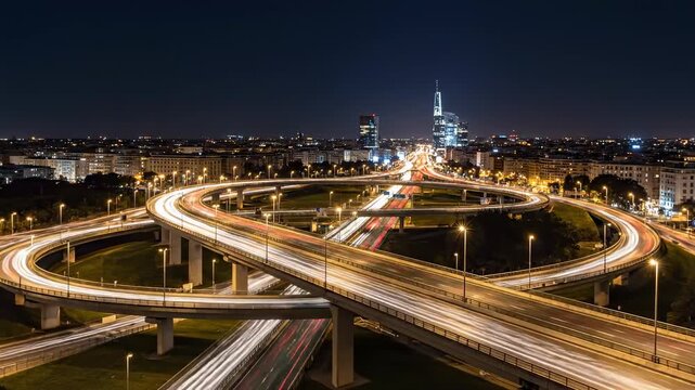 Stunning Night View of a Busy Highway Interchange with Streaking Car Lights and Cityscape in the Background.