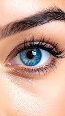 Obraz premium A close-up portrait of a woman's eye, with striking blue iris, lush lashes, and thick eyebrows. The eye is bright and captivating
