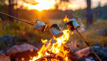 Roasting marshmallows over a campfire at sunset  Camping with outdoors, and happiness.