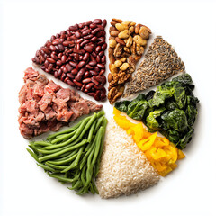 A simple, clean food pie chart highlighting a healthy balanced diet with distinct food categories, all isolated on a white background.