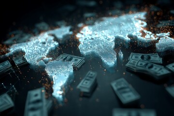 digital world with light flows showing money transfers between countries, futuristic banking system, holographic map
