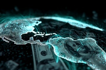 digital world with light flows showing money transfers between countries, futuristic banking system, holographic map