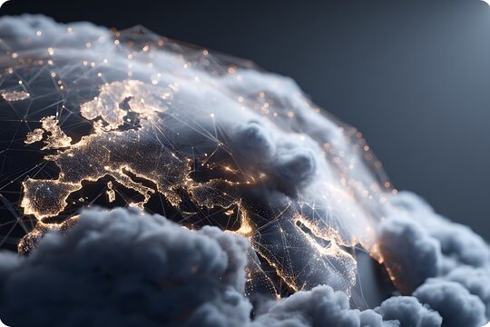 cloud computing globe with glowing finance data lines, AI fintech connection