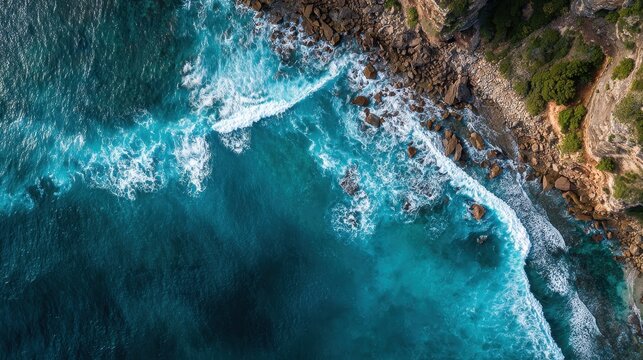 Aerial View of Turquoise Ocean Waves Crashing on Rocky Coastline with Lush Greenery