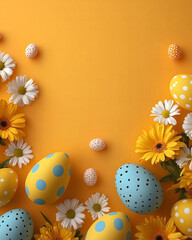 Colorful Easter eggs and flowers arranged on a bright yellow background. Festive Easter scene with yellow and blue eggs surrounded by flowers