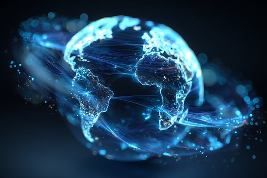 holographic earth globe with streaming light trails around continents, digital global finance network,