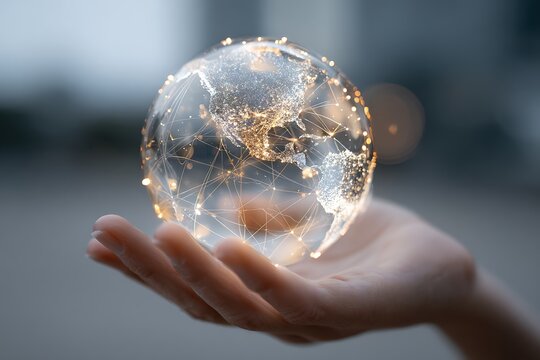 human hand holding a holographic globe with light lines connecting continents, fintech concept,