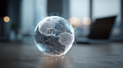 transparent digital earth floating over office desk with glowing connection lines, global finance, fintech technology