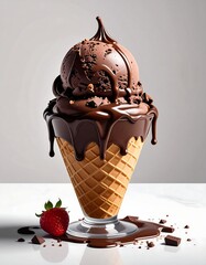 A luscious, oversized chocolate ice cream cone, drizzled with melted chocolate, sits on a marble surface next to a single red strawberry