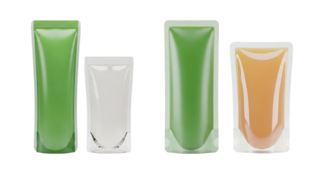 Cosmetic tubes and pouches displayed against a white background showcasing various colors and packaging designs