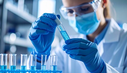 Scientist in lab with pipette dropping liquid into test tube, research, science, and medical.