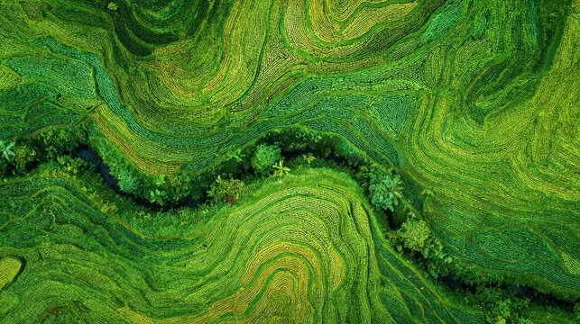 Aerial view of vibrant green terraced fields and winding river, showcasing natural patterns and lush vegetation.