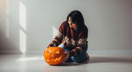 Woman in sweater admiring her carved halloween pumpkin sitting on the floor in a brightly lit room