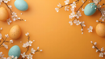 Easter eggs with flowers arranged on vibrant orange background. Colorful Easter eggs with floral branches on bright orange surface