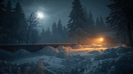 A cinematic view of a snowy yard bordered by a rustic wooden fence
