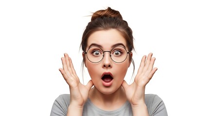 Shocked young woman with glasses expressing surprise and disbelief on a clean white background studio shot