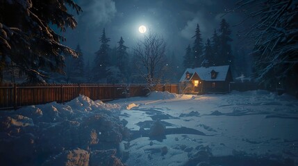 A cinematic view of a snowy yard bordered by a rustic wooden fence