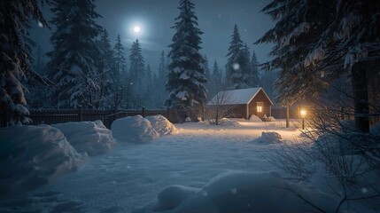 A cinematic view of a snowy yard bordered by a rustic wooden fence
