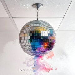A large, reflective sphere hangs from a ceiling. Colorful smoke emanates from beneath. The scene is bright and lively