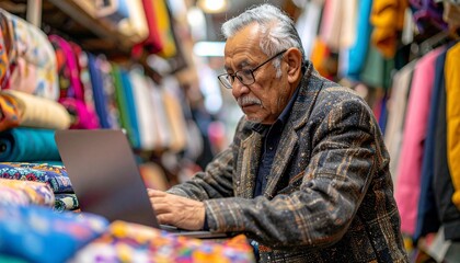Senior Man Working on Laptop in Textile Shop with Checking Inventory or Orders.