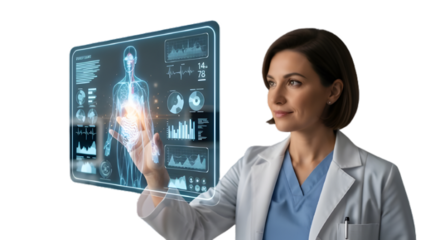 Medical professional using augmented reality interface for healthcare diagnosis aid on transparent background