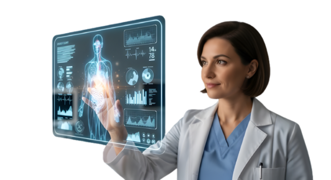 Medical professional using augmented reality interface for healthcare diagnosis aid on transparent background