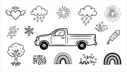 Line art illustration featuring a pickup truck surrounded by various elements like clouds, rain, fireworks, a heart with wings, a snowflake, a tree, and rainbows.